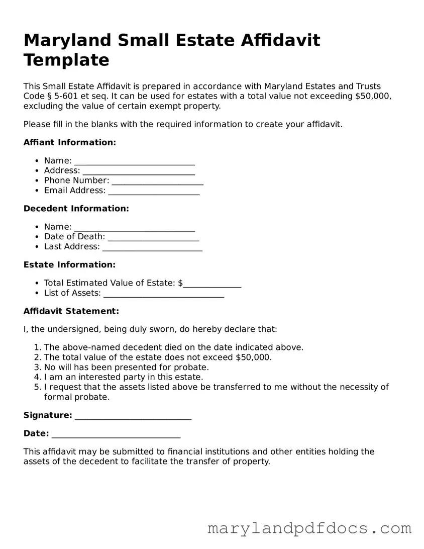 Printable Maryland Small Estate Affidavit Template