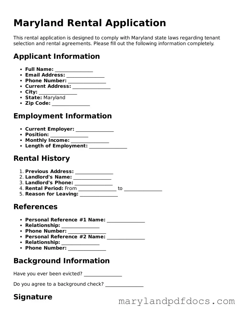 Printable Maryland Rental Application Template