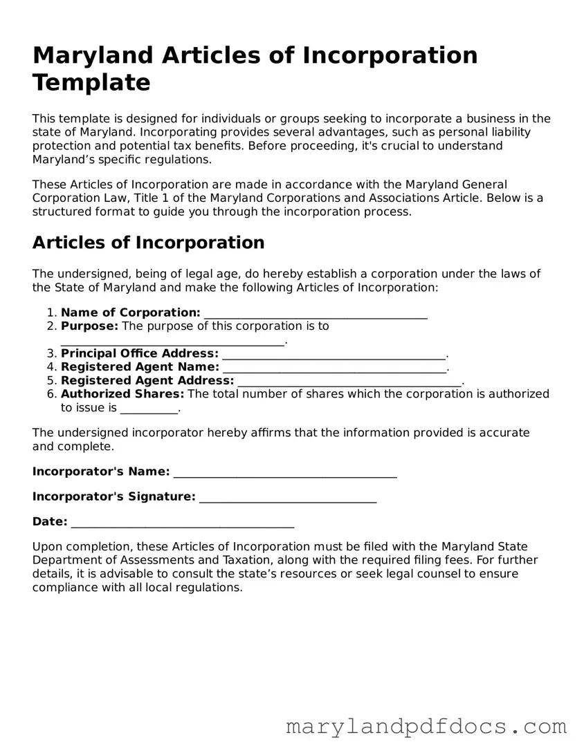 Printable Maryland Articles of Incorporation Template