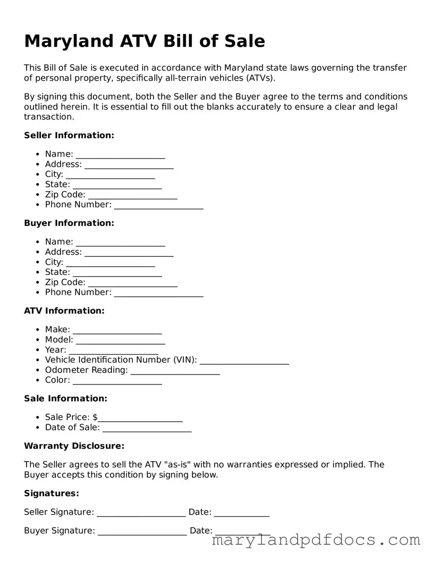 Printable Maryland ATV Bill of Sale Template