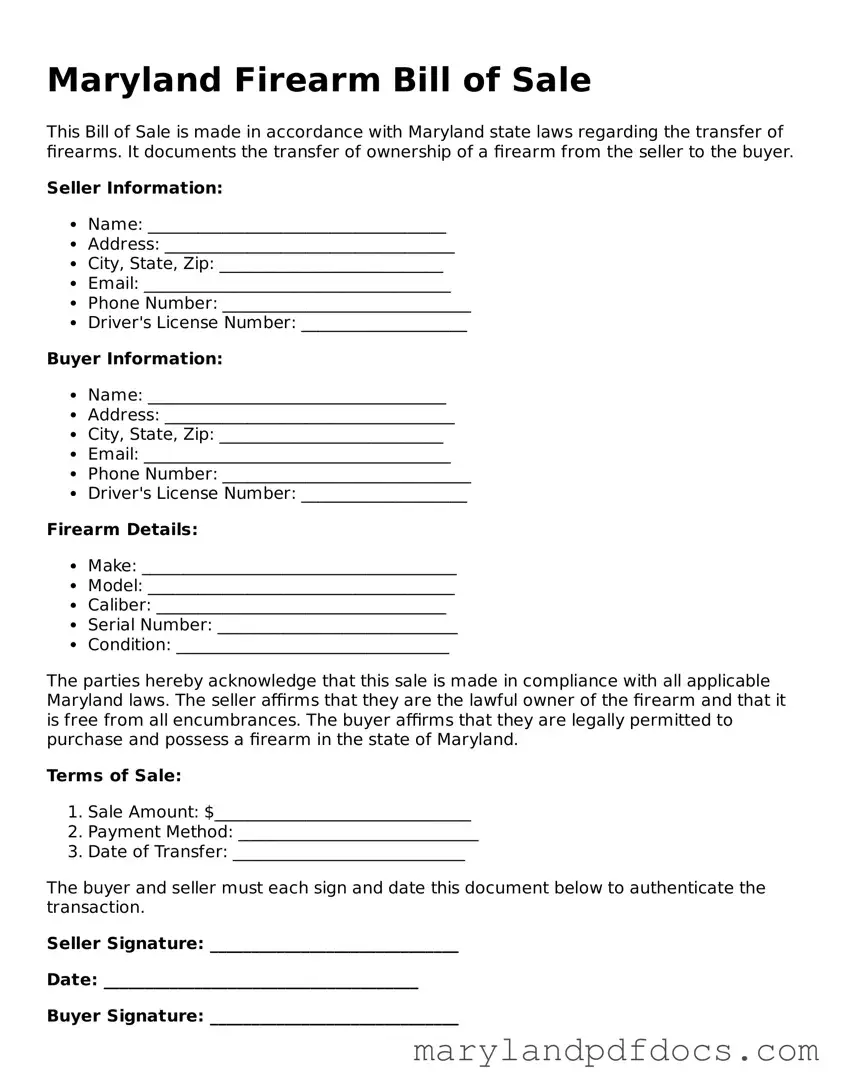 Printable Maryland Firearm Bill of Sale Template