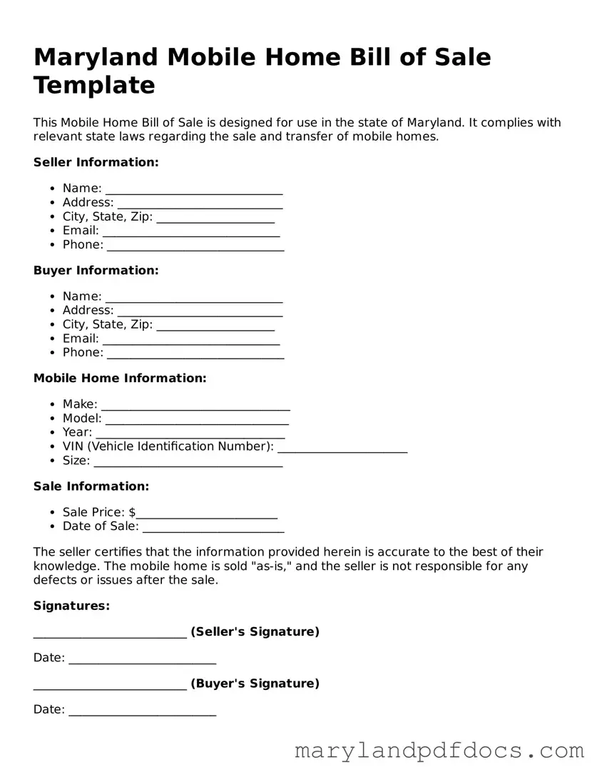 Printable Maryland Mobile Home Bill of Sale Template