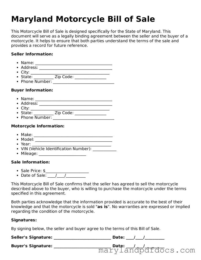 Printable Maryland Motorcycle Bill of Sale Template