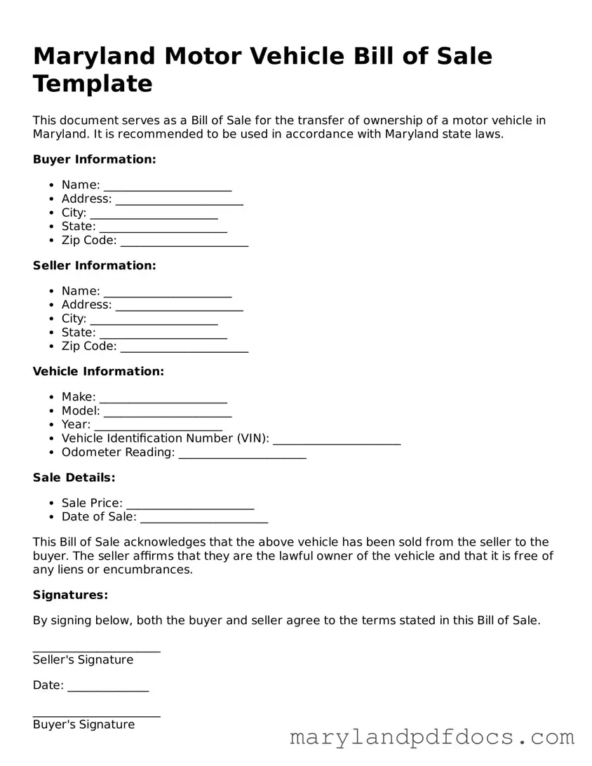 Printable Maryland Motor Vehicle Bill of Sale Template