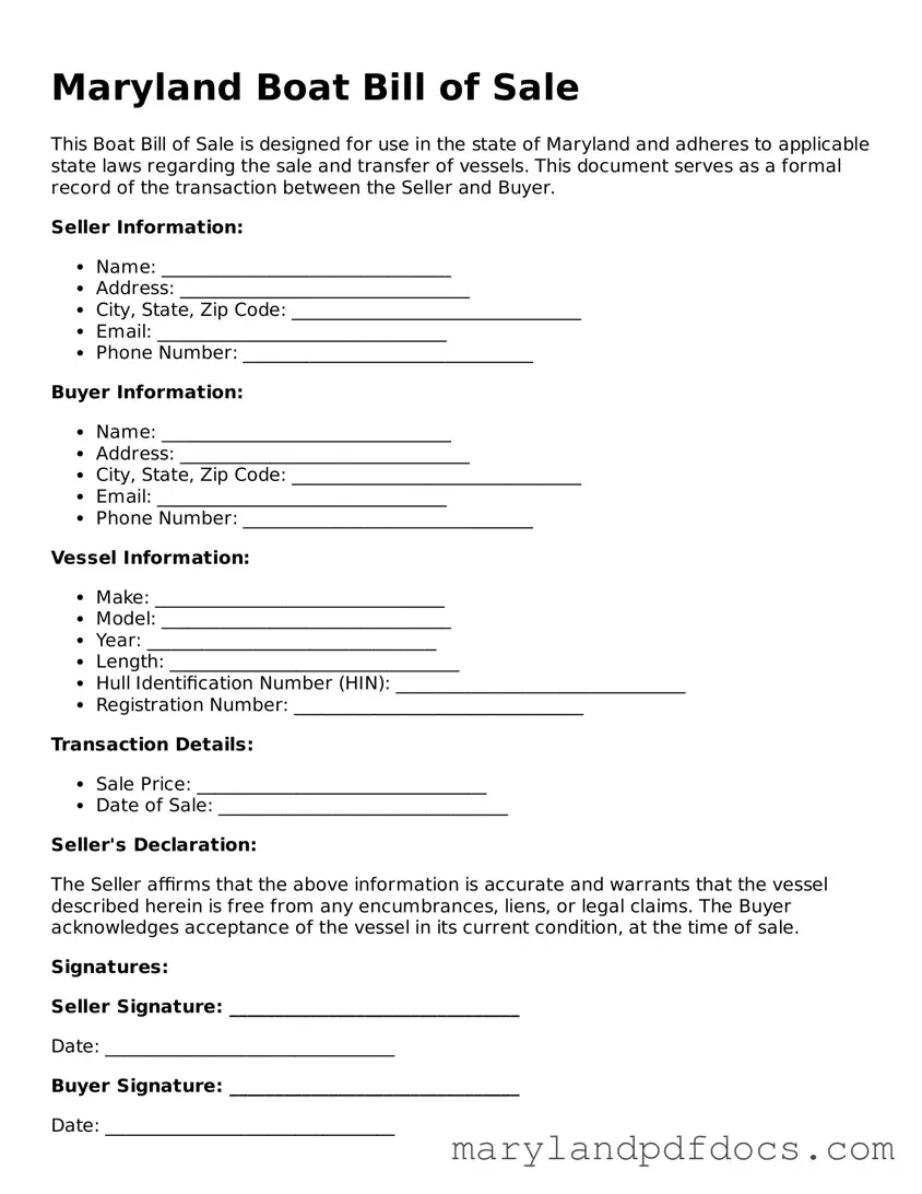 Printable Maryland Boat Bill of Sale Template