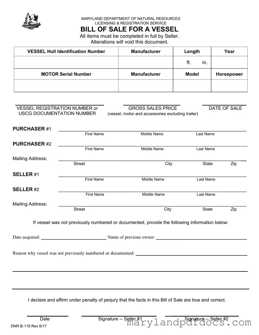 Fill Out Your Maryland Boat Bill of Sale DNR B-118 Template