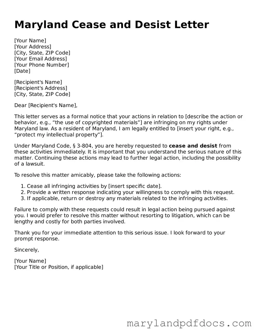 Printable Maryland Cease and Desist Letter Template