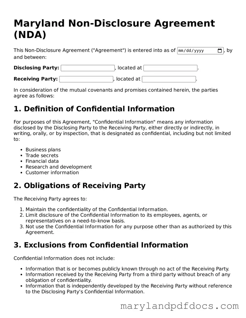 Printable Maryland Non-disclosure Agreement Template