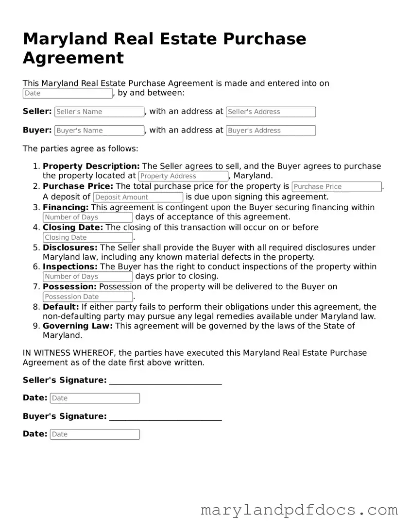 Printable Maryland Real Estate Purchase Agreement Template