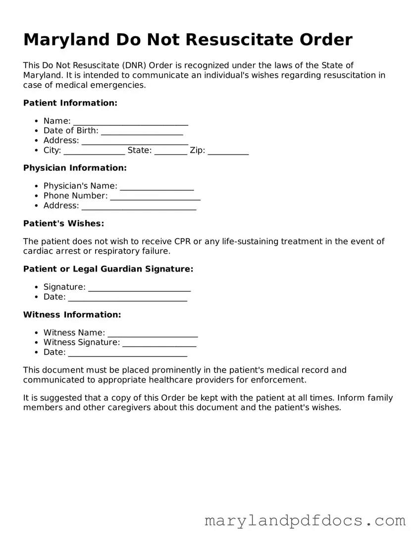 Printable Maryland Do Not Resuscitate Order Template