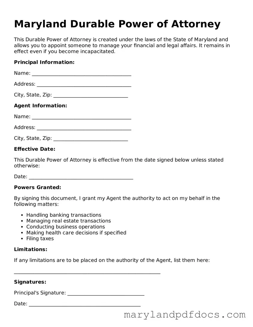 Printable Maryland Durable Power of Attorney Template