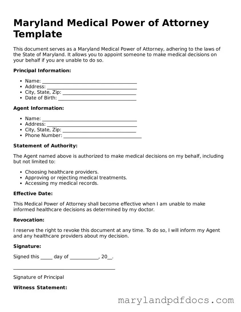 Printable Maryland Medical Power of Attorney Template