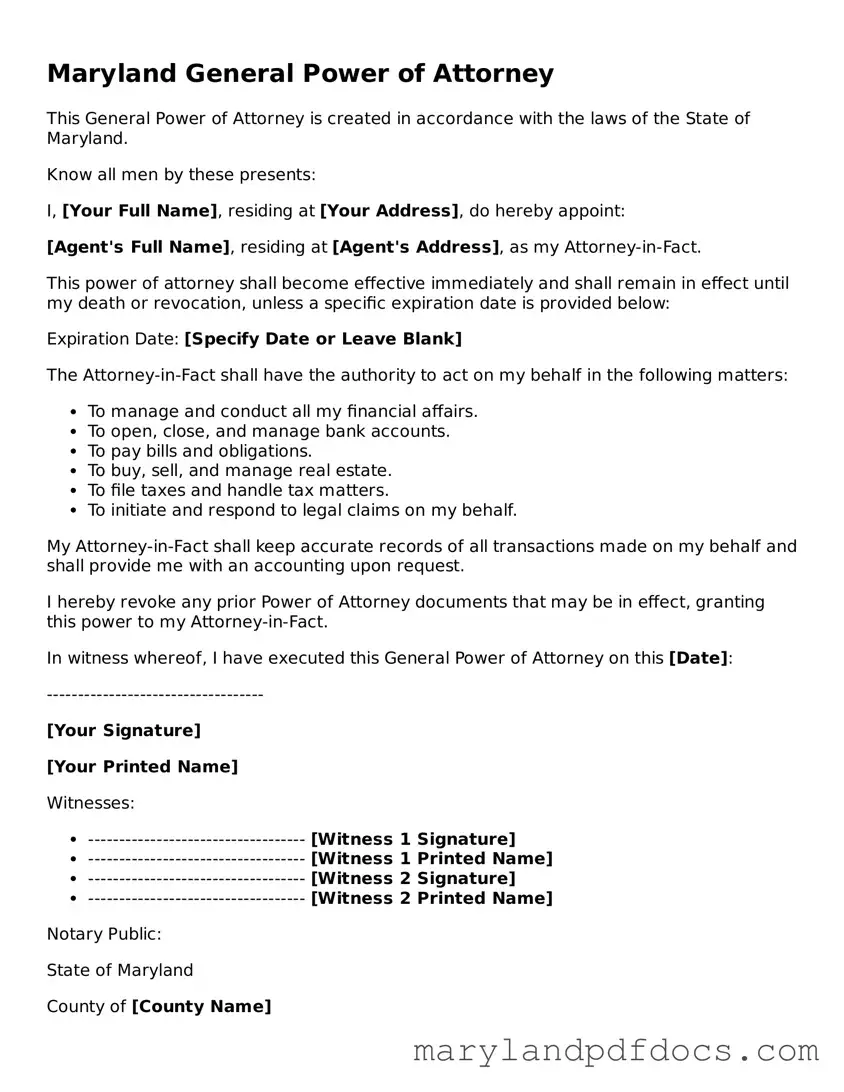 Printable Maryland General Power of Attorney Template