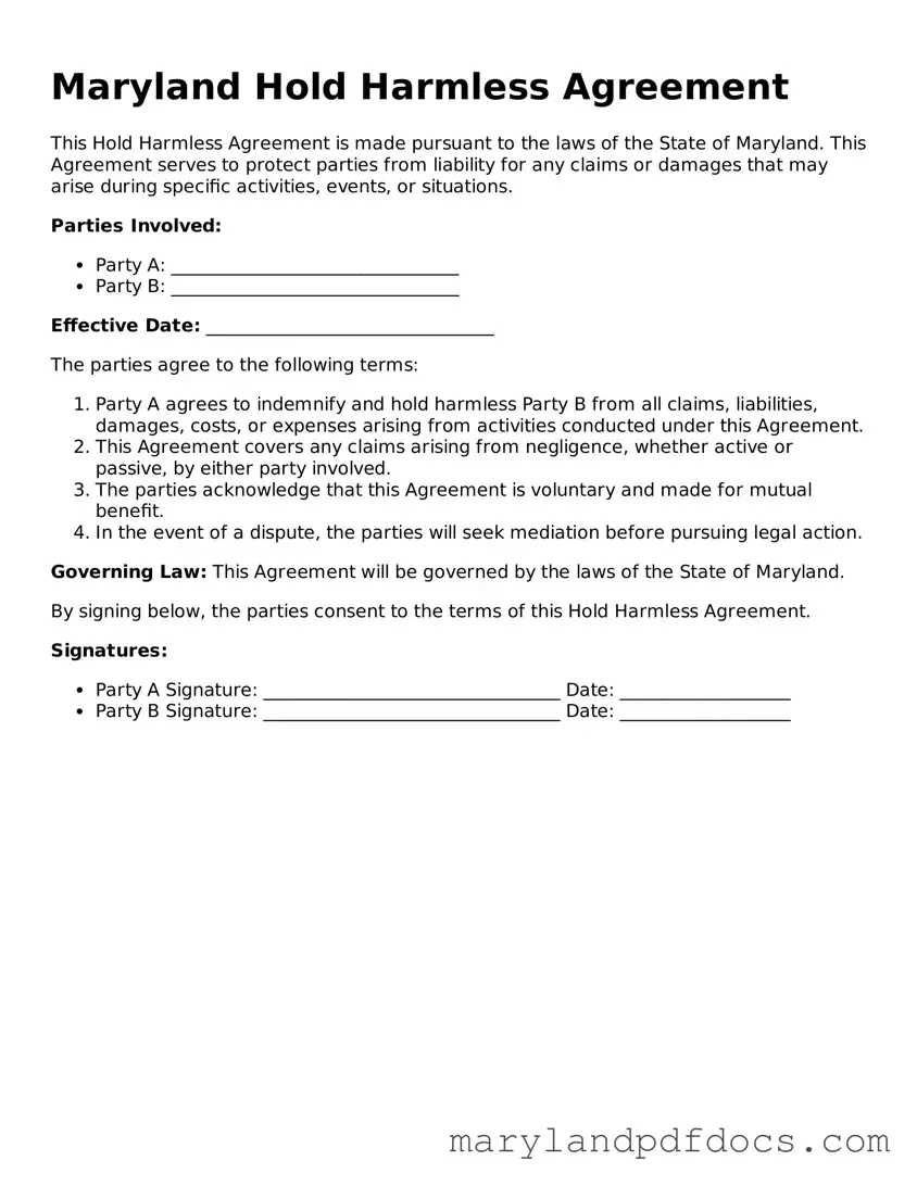 Printable Maryland Hold Harmless Agreement Template