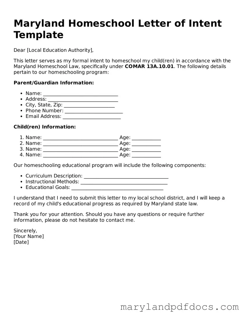 Printable Maryland Homeschool Letter of Intent Template