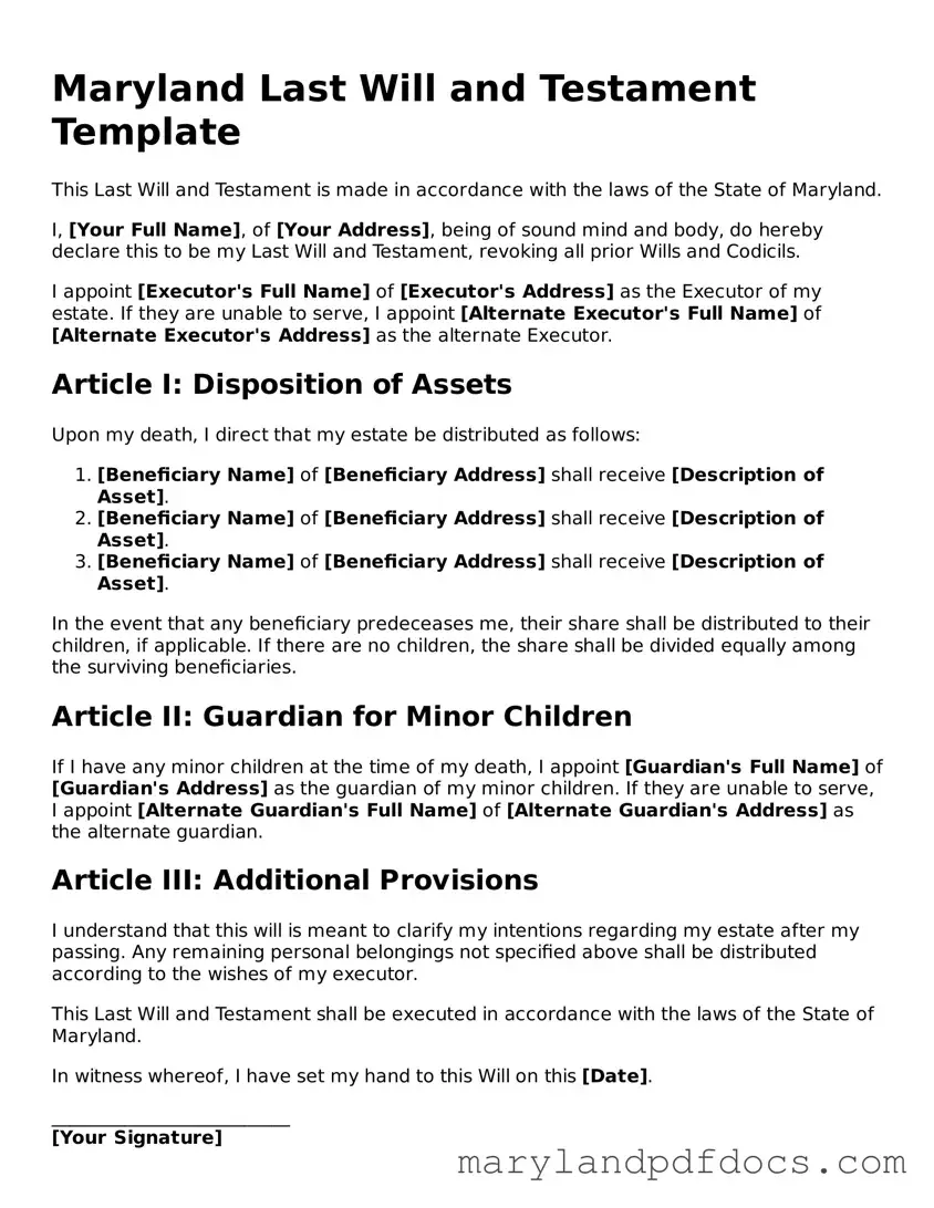 Printable Maryland Last Will and Testament Template