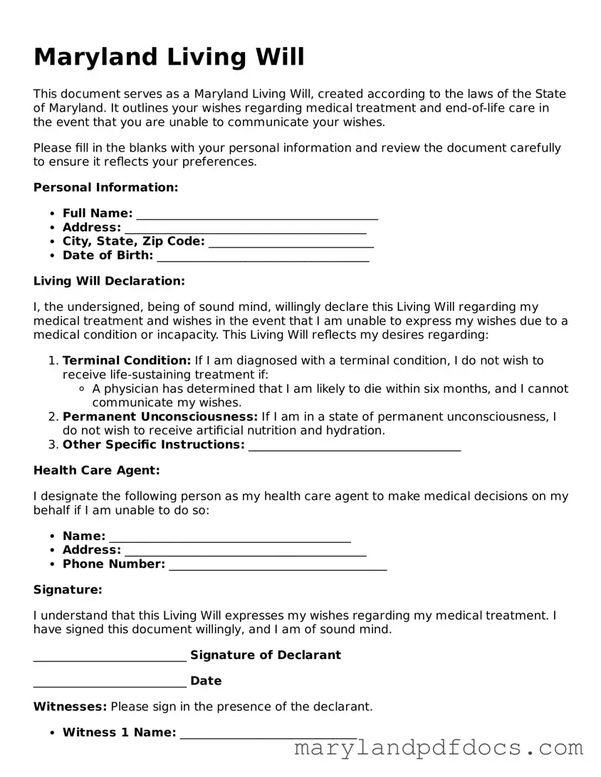 Printable Maryland Living Will Template