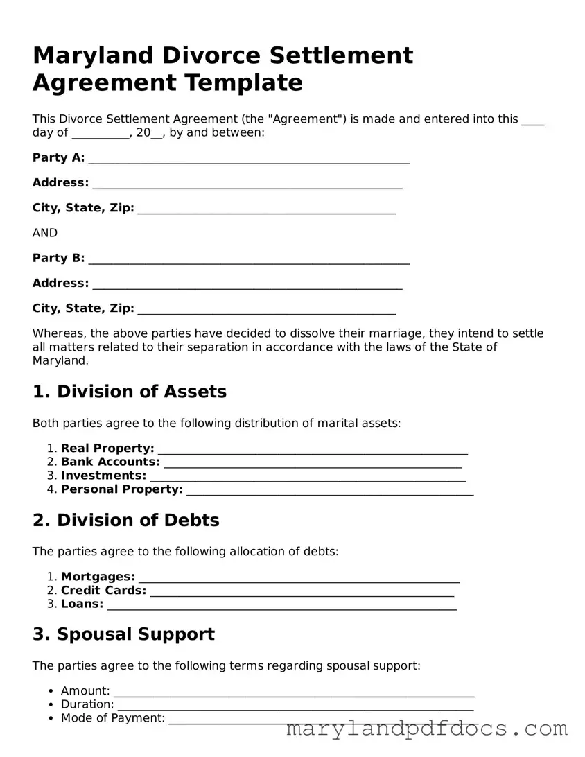 Printable Maryland Divorce Settlement Agreement Template
