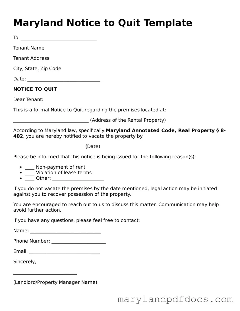 Printable Maryland Notice to Quit Template