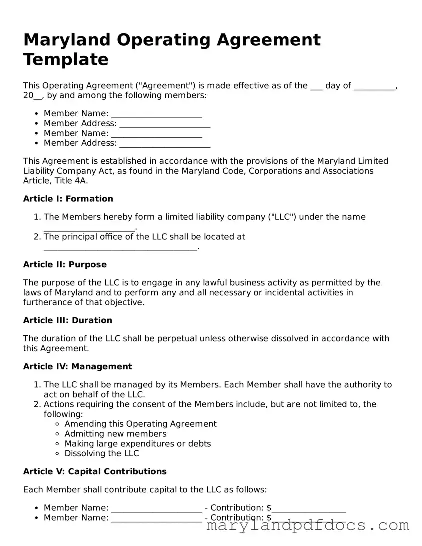Printable Maryland Operating Agreement Template
