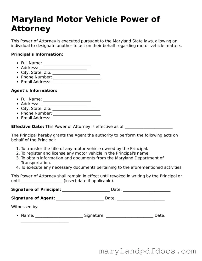 Printable Maryland Motor Vehicle Power of Attorney Template
