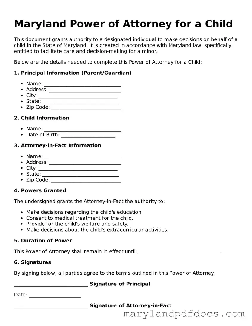 Printable Maryland Power of Attorney for a Child Template