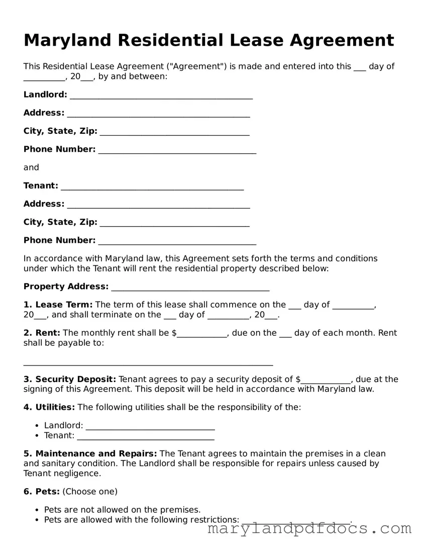 Printable Maryland Residential Lease Agreement Template