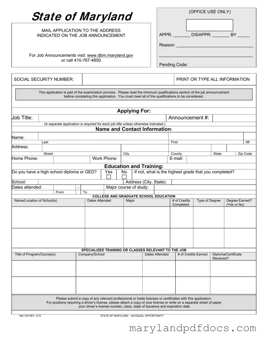 Fill Out Your Maryland State 100 Application Template