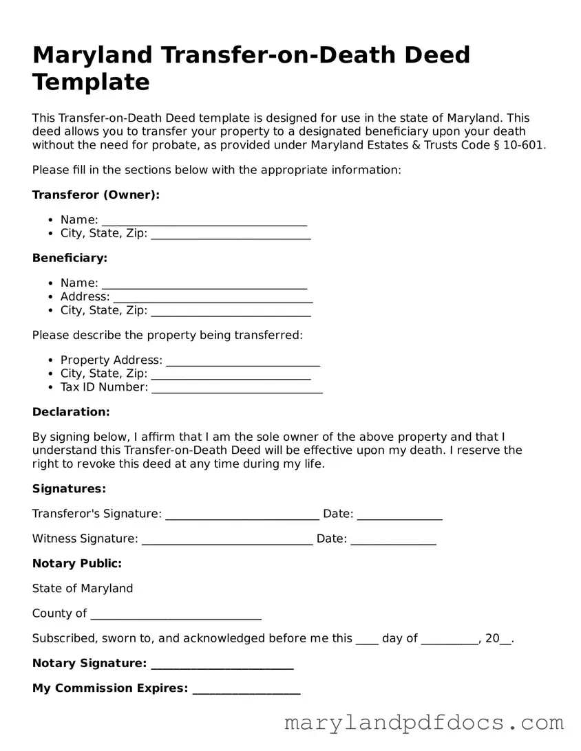 Printable Maryland Transfer-on-Death Deed Template