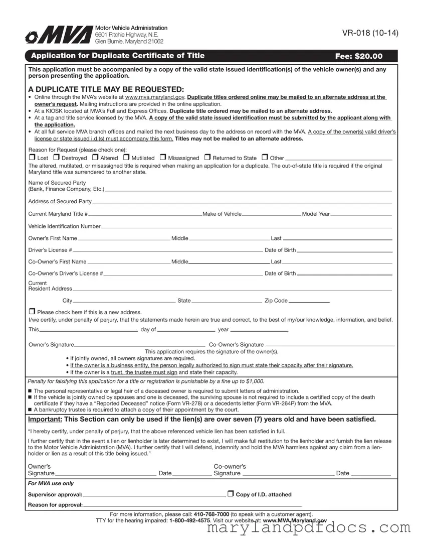 Fill Out Your Maryland Vr 018 Template