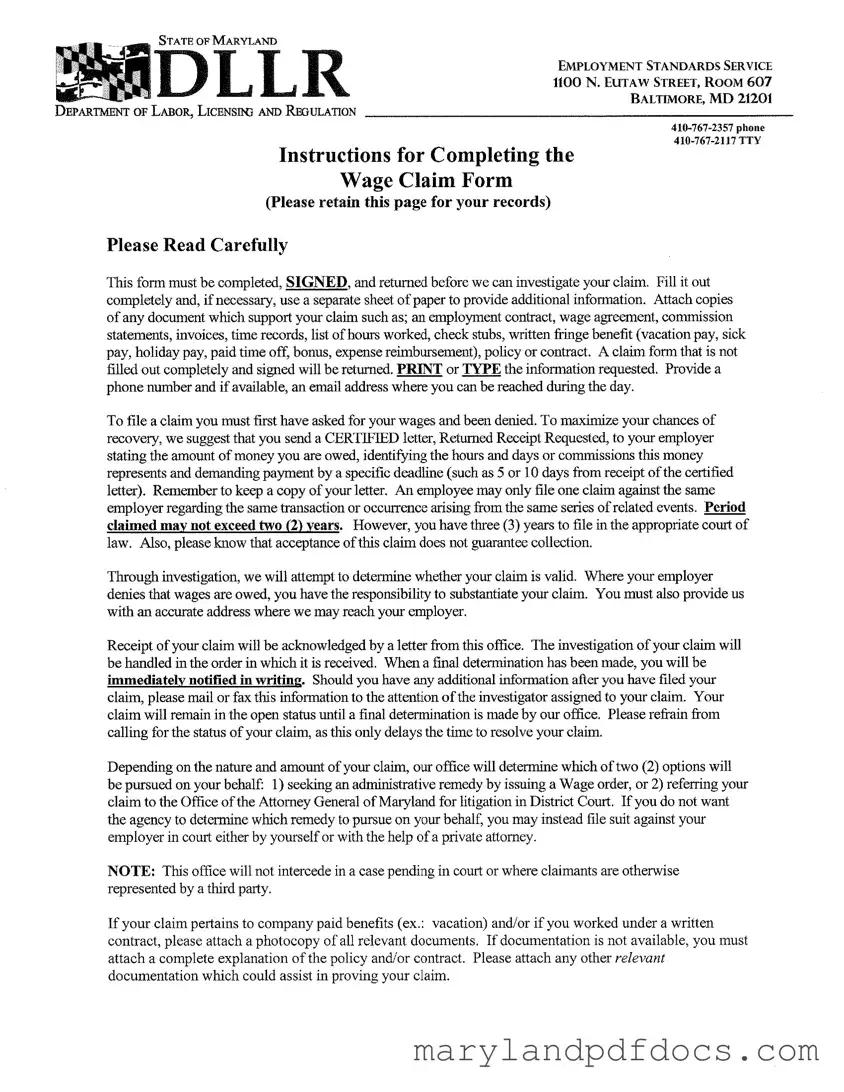 Fill Out Your Maryland Wage Claim Template