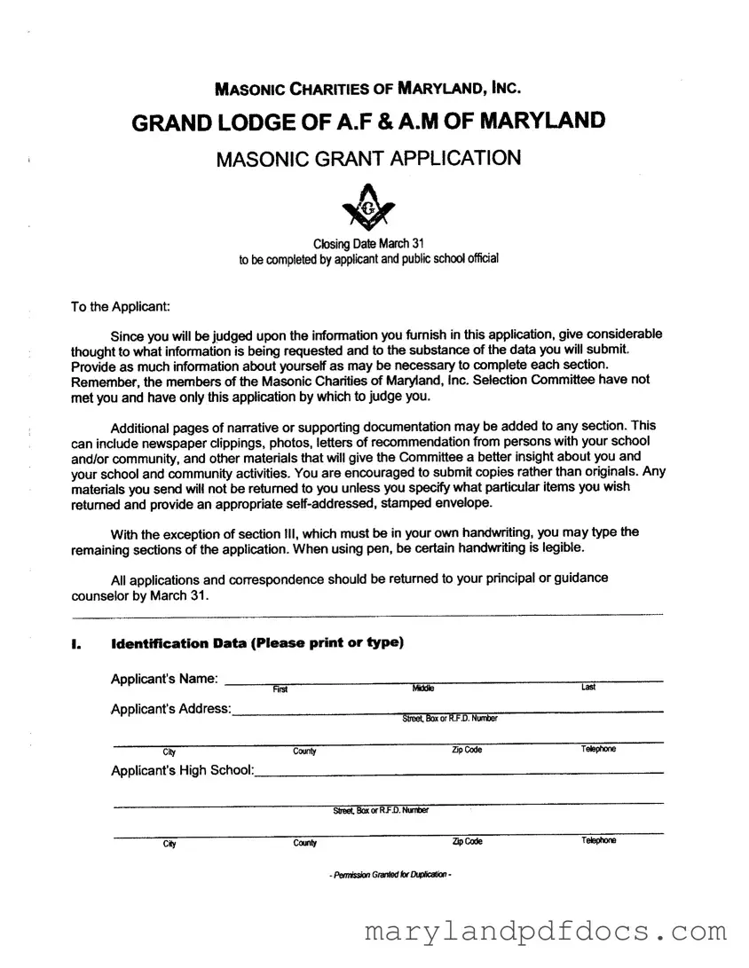 Fill Out Your Masonic Lodge Scholarship Application Maryland Template