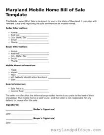 Printable Maryland Mobile Home Bill of Sale Template