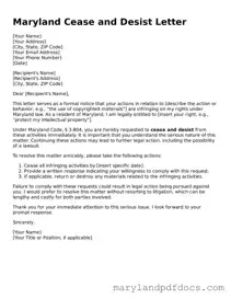 Printable Maryland Cease and Desist Letter Template