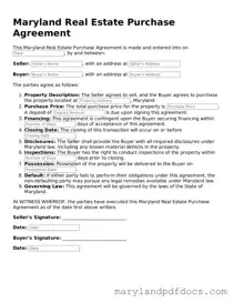 Printable Maryland Real Estate Purchase Agreement Template