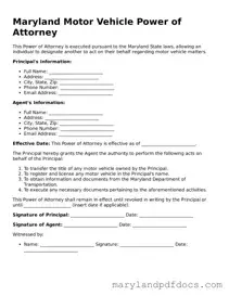Printable Maryland Motor Vehicle Power of Attorney Template